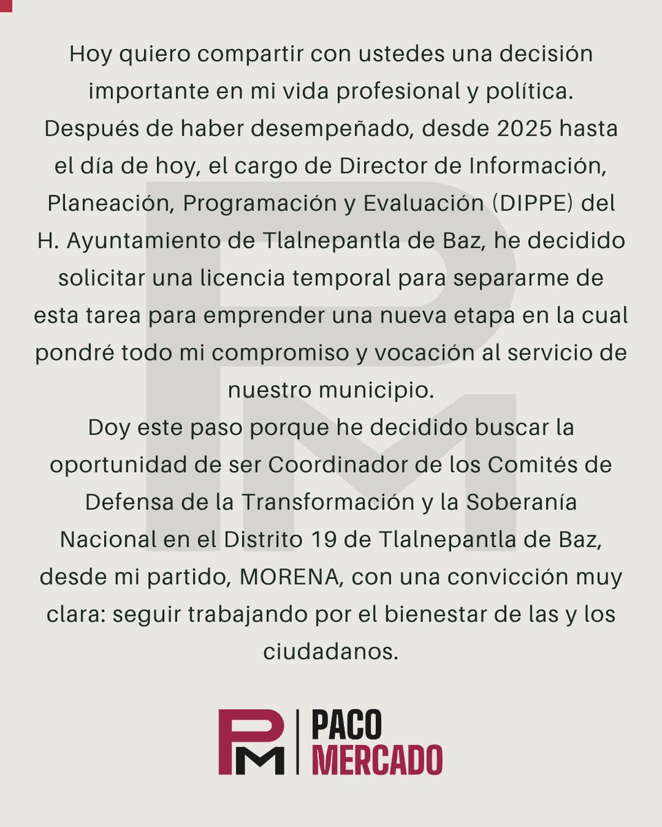 PacoMercado_'s tweet photo. Comunicado.

#Tlalnepantla #Morena #Distrito19 #Transformación #TlalnepantlaDeBaz #Cercanía #Territorio #Bienestar https://t.co/CZLdke7lLs