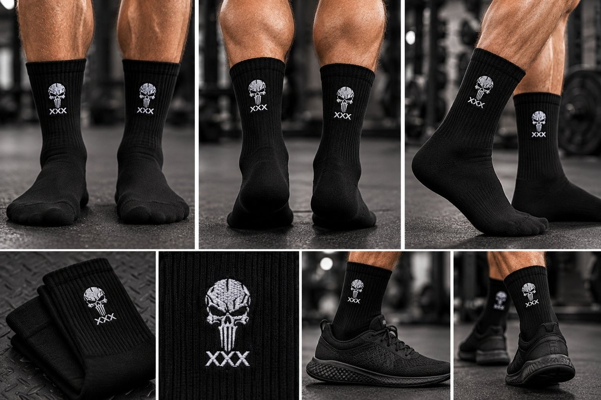 MUSCLEXXXUSA's tweet photo. Slip into Skull Gym Socks — cushioned cotton, made in USA. The sole’s a secret cloud, the stitched skull says it all. Walk in, own the vibe. #ad #GymSocks #Fitness Tap the link in bio. https://t.co/zPMBq2XBXa