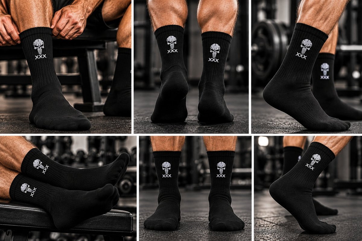 MUSCLEXXXUSA's tweet photo. Slip into Skull Gym Socks — cushioned cotton, made in USA. The sole’s a secret cloud, the stitched skull says it all. Walk in, own the vibe. #ad #GymSocks #Fitness Tap the link in bio. https://t.co/zPMBq2XBXa