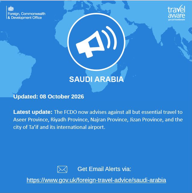 UKinSaudiArabia's tweet photo. Update to FCDO Travel Advice for Saudi Arabia 👇 

Travel advice: https://t.co/xoI1EuIq2t https://t.co/KTSqrMNYRy