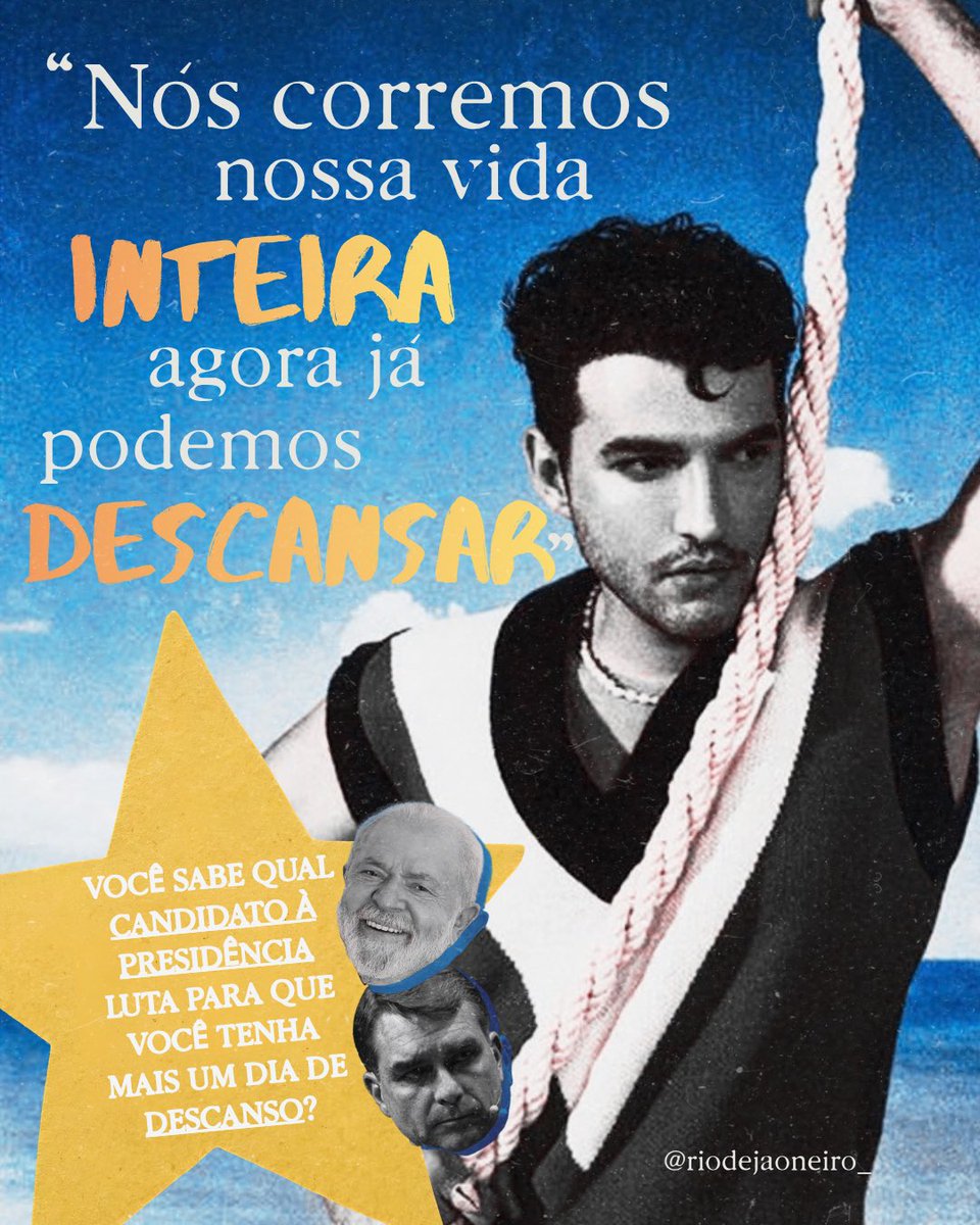 riodejaoneiro_'s tweet photo. CHEGA DE VIVER SÓ PRA TRABALHAR!

Um lado quer acabar com a escala 6x1 e te dar descanso. O outro quer te ver exausto.

No segundo turno é a hora de votar em quem defende os trabalhadores. Dia 25 o voto é 13! 🌟❤️

#FandomsComLula #Eleições2026 #FIMDAESCALA6X1 https://t.co/m9kDp1e36T
