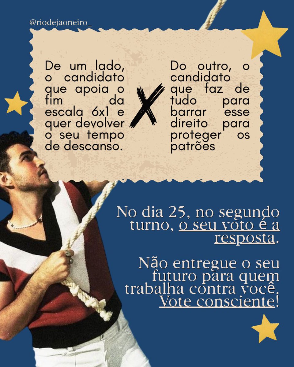 riodejaoneiro_'s tweet photo. CHEGA DE VIVER SÓ PRA TRABALHAR!

Um lado quer acabar com a escala 6x1 e te dar descanso. O outro quer te ver exausto.

No segundo turno é a hora de votar em quem defende os trabalhadores. Dia 25 o voto é 13! 🌟❤️

#FandomsComLula #Eleições2026 #FIMDAESCALA6X1 https://t.co/m9kDp1e36T