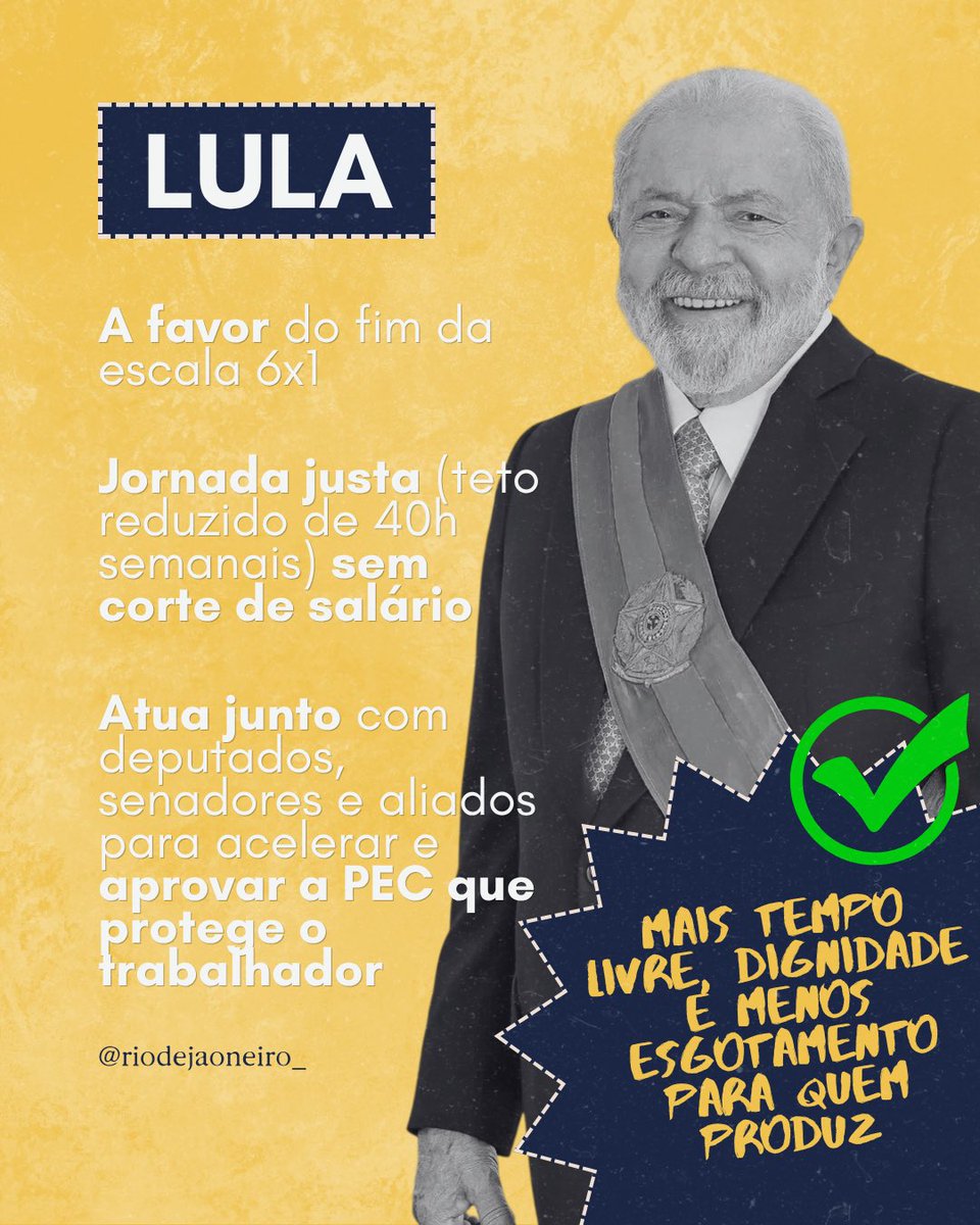 riodejaoneiro_'s tweet photo. CHEGA DE VIVER SÓ PRA TRABALHAR!

Um lado quer acabar com a escala 6x1 e te dar descanso. O outro quer te ver exausto.

No segundo turno é a hora de votar em quem defende os trabalhadores. Dia 25 o voto é 13! 🌟❤️

#FandomsComLula #Eleições2026 #FIMDAESCALA6X1 https://t.co/m9kDp1e36T