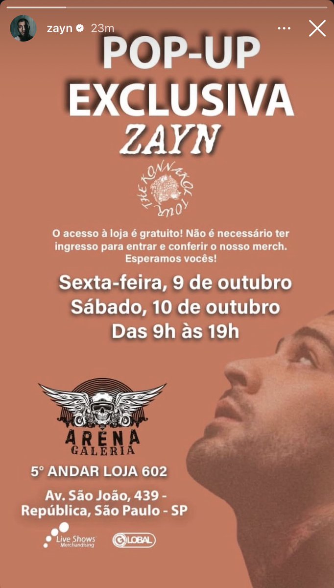 ZaynReport's tweet photo. Exclusive São Paulo Merch Pop-Up on Friday, October 9th • Saturday, October 10th from 9am to 7pm! 🧡

📍 ARENA GALERIA 5° ANDAR LOJA 602 Av. São João, 439 - República, São Paulo - SP. https://t.co/rvD2JXZO9v