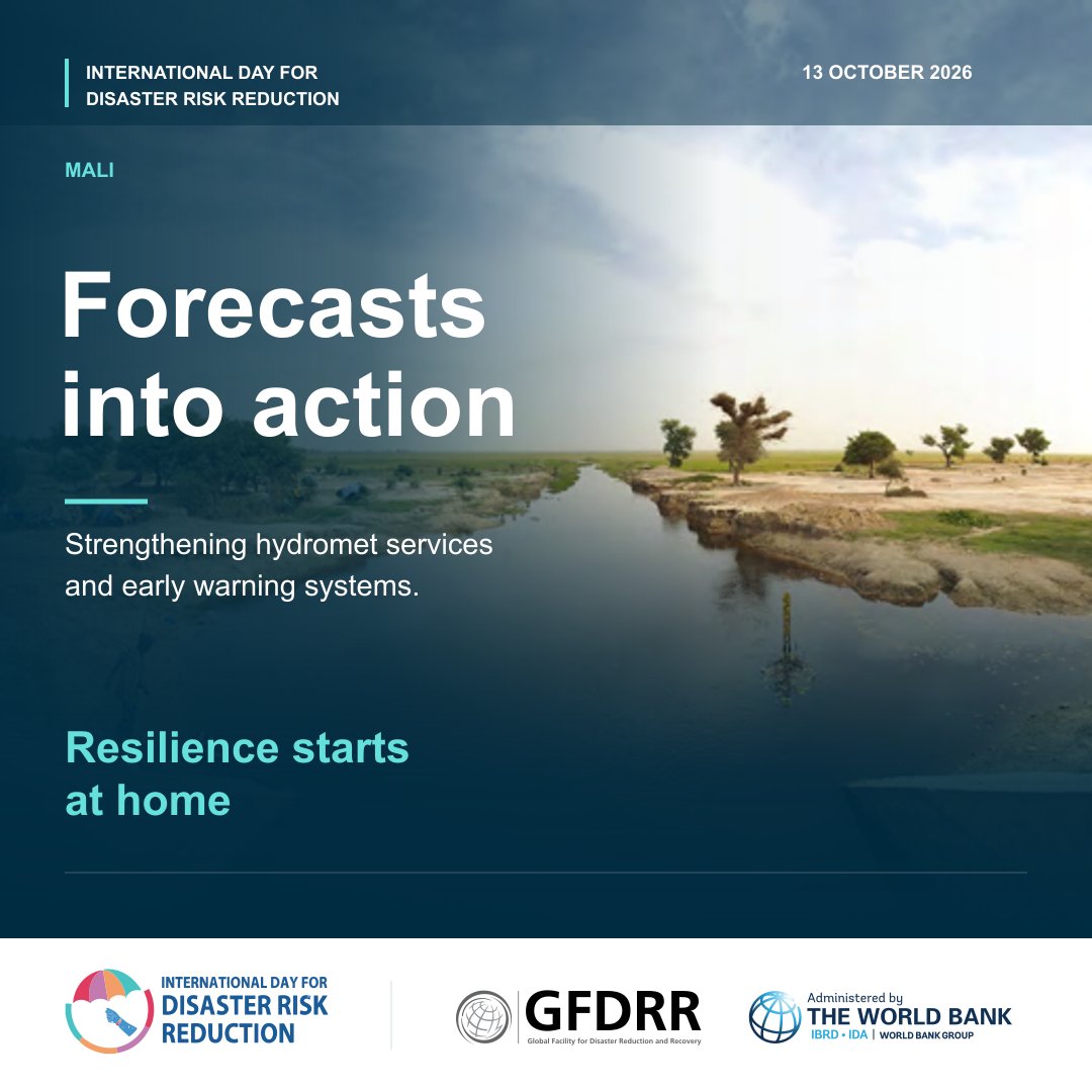 GFDRR's tweet photo. From new sensors to the automation of weather stations, Mali has been strengthening its hydromet services, enabling the delivery of weather, water, and climate information to 3 million people.

Read more: https://t.co/7UIFCZ5iF2

#ResilienceStartsAtHome #DRRDay https://t.co/zQcGaMS8D8