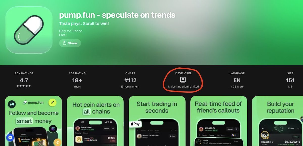youwatchedme's tweet photo. I just found a Pumpfun easter egg. 

If you click on the Pump App in the Appstore it says that the the developer is "Maius Imperium Limited"

I checked the domain of Maius and saw that Baton Corporation registered the domain! https://t.co/MEGzra8dSh

Pumps privacy policy also says that Maius publishes the Pump apps and is in control of the data and can be contacted through pumpfuns email. https://t.co/rAKHYFvqYq…

This confirms that Maius Imperium Limited is owned by Pumpfun and is part of their company structure.

Maius means "greater" in Latin - Paired to $PUMP