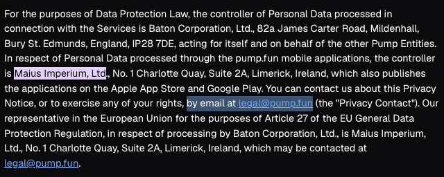youwatchedme's tweet photo. I just found a Pumpfun easter egg. 

If you click on the Pump App in the Appstore it says that the the developer is "Maius Imperium Limited"

I checked the domain of Maius and saw that Baton Corporation registered the domain! https://t.co/MEGzra8dSh

Pumps privacy policy also says that Maius publishes the Pump apps and is in control of the data and can be contacted through pumpfuns email. https://t.co/rAKHYFvqYq…

This confirms that Maius Imperium Limited is owned by Pumpfun and is part of their company structure.

Maius means "greater" in Latin - Paired to $PUMP