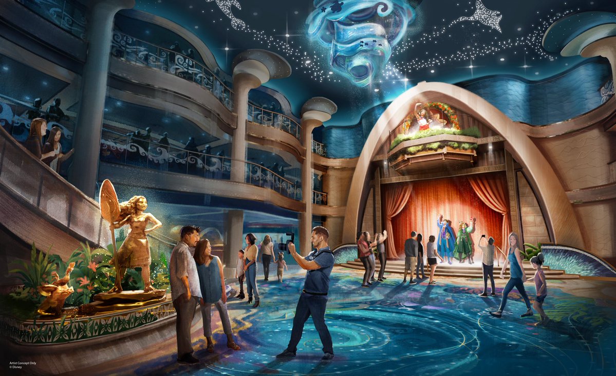 ScottGustin's tweet photo. The Disney Believe’s Moana-inspired Grand Hall will draw from Aulani’s architecture, with floral details throughout the space, bioluminescent-inspired carpeting, constellations across the ceiling and nods to Maui, including his iconic fish hook, and more. https://t.co/f5JgCwsoeL
