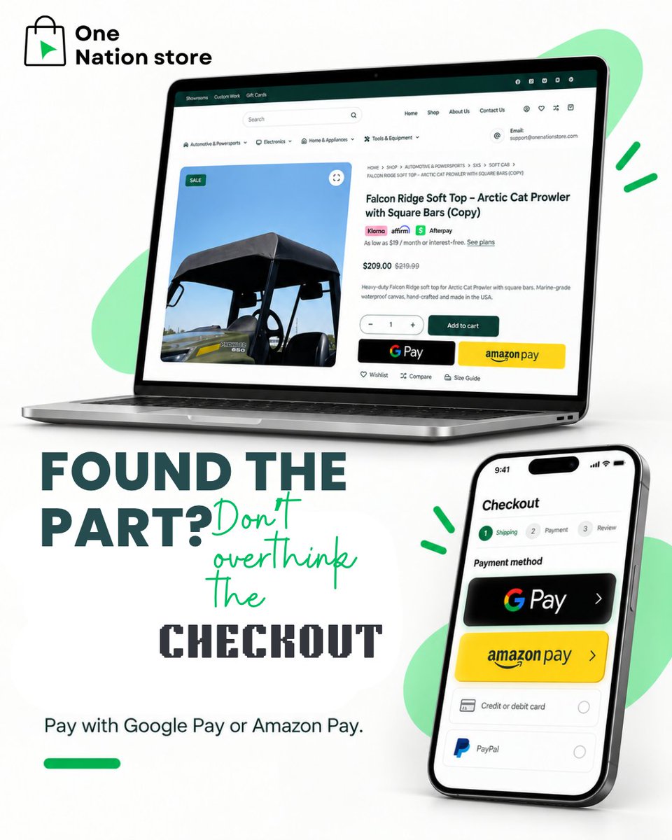 onenationstore's tweet photo. Found the part? ✅

Skip the checkout hassle with Google Pay and Amazon Pay.

Fast. Easy. Convenient.

#OneNationStore #UTVParts #OffRoadLife #ShopOnline https://t.co/t7KTPEVQtE