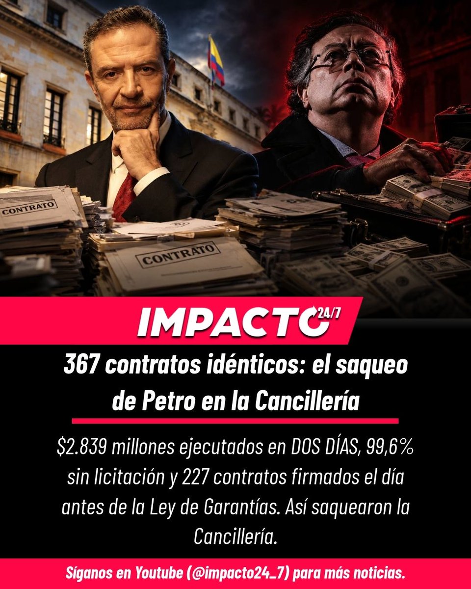 Impacto24_7's tweet photo. 🚨 LOS NÚMEROS DE LA CORRUPCIÓN | La Cancillería de Petro: 367 contratos idénticos con valores hasta 4 veces distintos, uno de $2.839 millones ejecutado en solo DOS DÍAS y el 99,6% adjudicado a dedo. El canciller Omar Bula ya remitió 19 contratos a la Contraloría. El cerco se cierra. ¿Dónde está la plata?