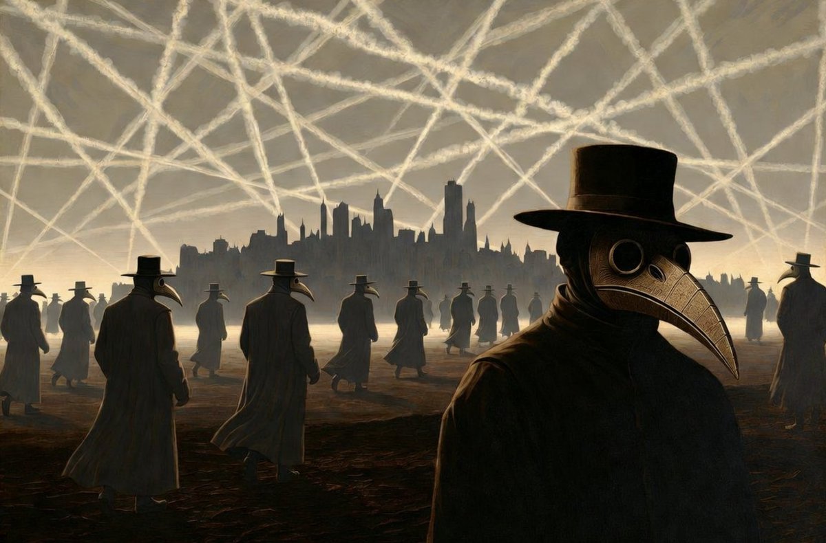 A plague doctor in a beaked mask and top hat stands among a crowd of similarly dressed figures, with a dark, ominous cityscape and web-like patterns streaking across the sky in the background, evoking the eerie atmosphere of a historic plague outbreak. The image visually underscores the Bowne Report's themes of historical pandemics, biological threats, and societal response to emerging deadly pathogens.