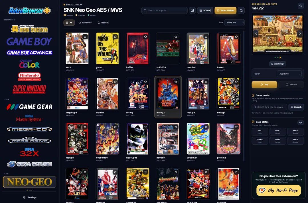 mdaman010's tweet photo. Retro gaming… directly in your browser. 👀🎮

RetroBrowser+ turns Chrome into a full retro game library.

→ NES, SNES, Game Boy, GBA
→ Sega, Neo Geo, PlayStation & more
→ Save states + controller support
→ CRT filters
→ Windows, macOS, Linux & Chromebook
→ Completely free

No separate emulator setup for every console. Just add your own games and BIOS files, and manage everything from one place.

And yes, it runs directly in the browser.

Try it 👇
https://t.co/QSPn4R7W1i