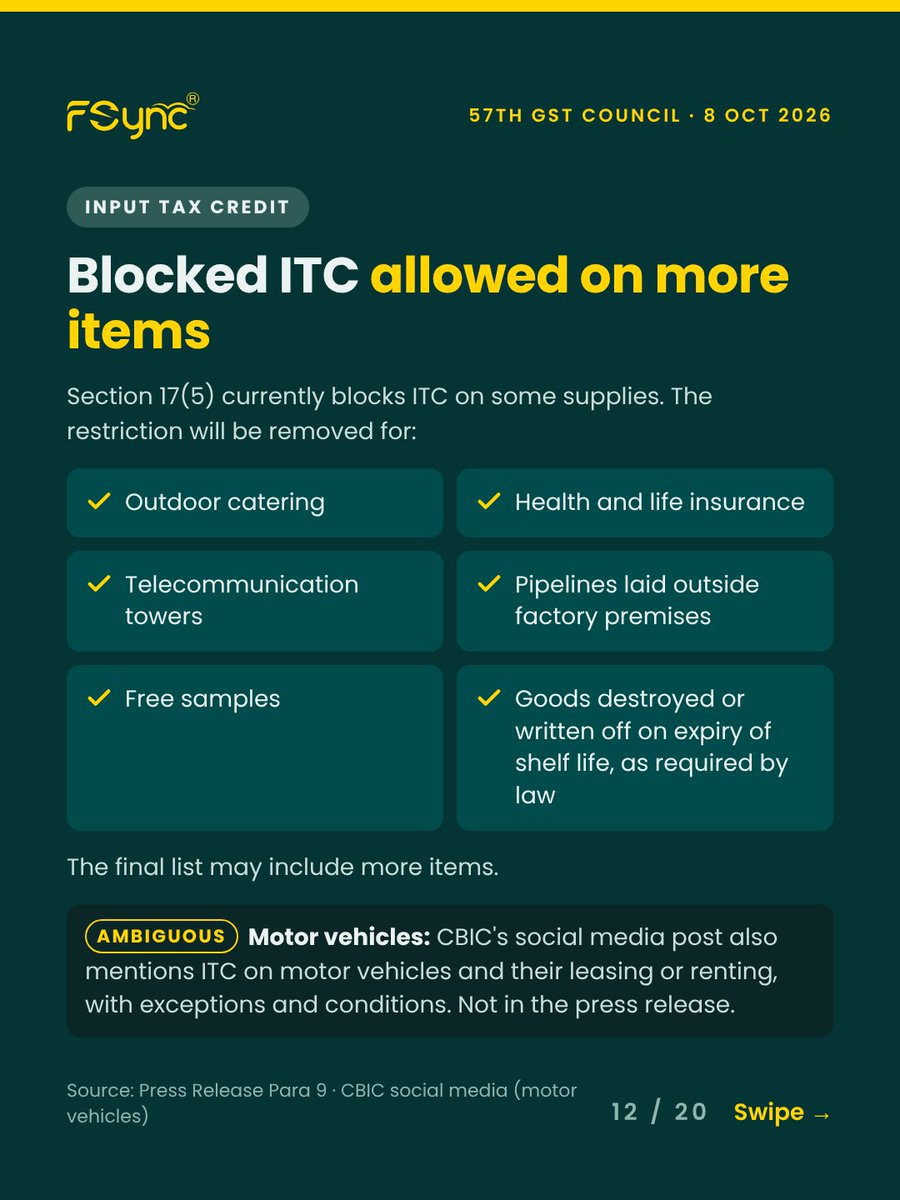 FidesLoop's tweet photo. 57th GST Council Meeting Highlights - 3/5

Faster refunds: The GST Council will automatically sanction 90% of refunds for zero-rated supplies &amp; inverted duty structure on a provisional basis.

Refund of accumulated ITC to cover capital goods and input services.

#GST #GSTCouncil https://t.co/eRxSbhZOWg