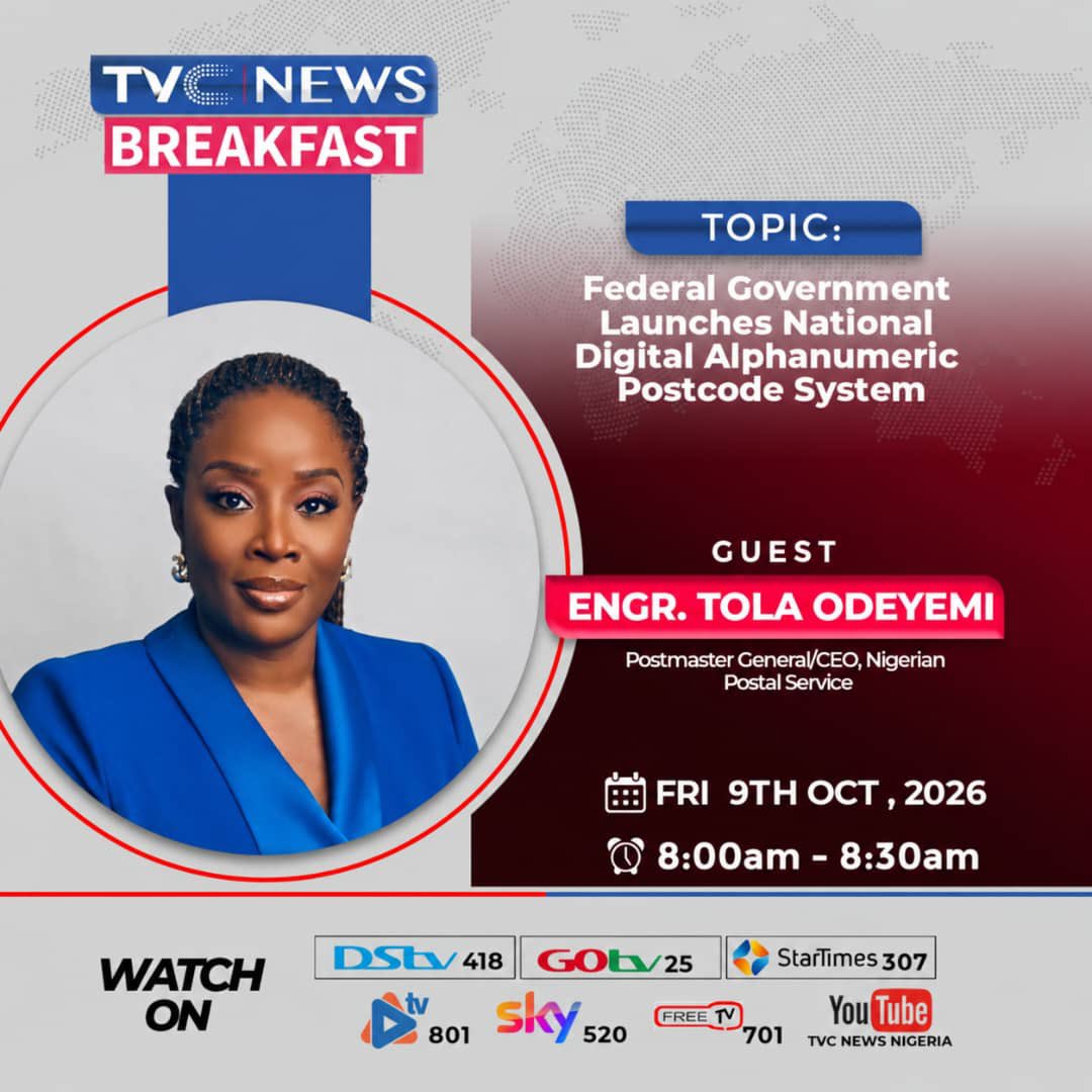 tola_odeyemi's tweet photo. Tune in tomorrow as the Honourable Minister, Dr. ‘Bosun Tijani and I join TVC News to discuss the newly launched National Digital Alphanumeric Postcode System.

📺 Friday, 9 October | 8:00am–8:30am
Join us live. https://t.co/KHHi2KZZ1F