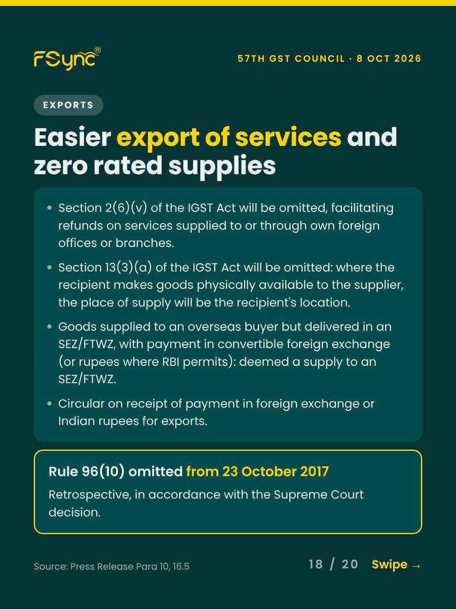 FidesLoop's tweet photo. 57th GST Council Meeting Highlights - 5/5

E-way bill: no interception of goods in transit between states.

Easier export of services. Rule 96(10) omitted from 23 October 2017.

All changes take effect once notified. Reply DOCUMENT for our 13-page explainer PDF.

#GST #EwayBill https://t.co/HgUWI44O7y