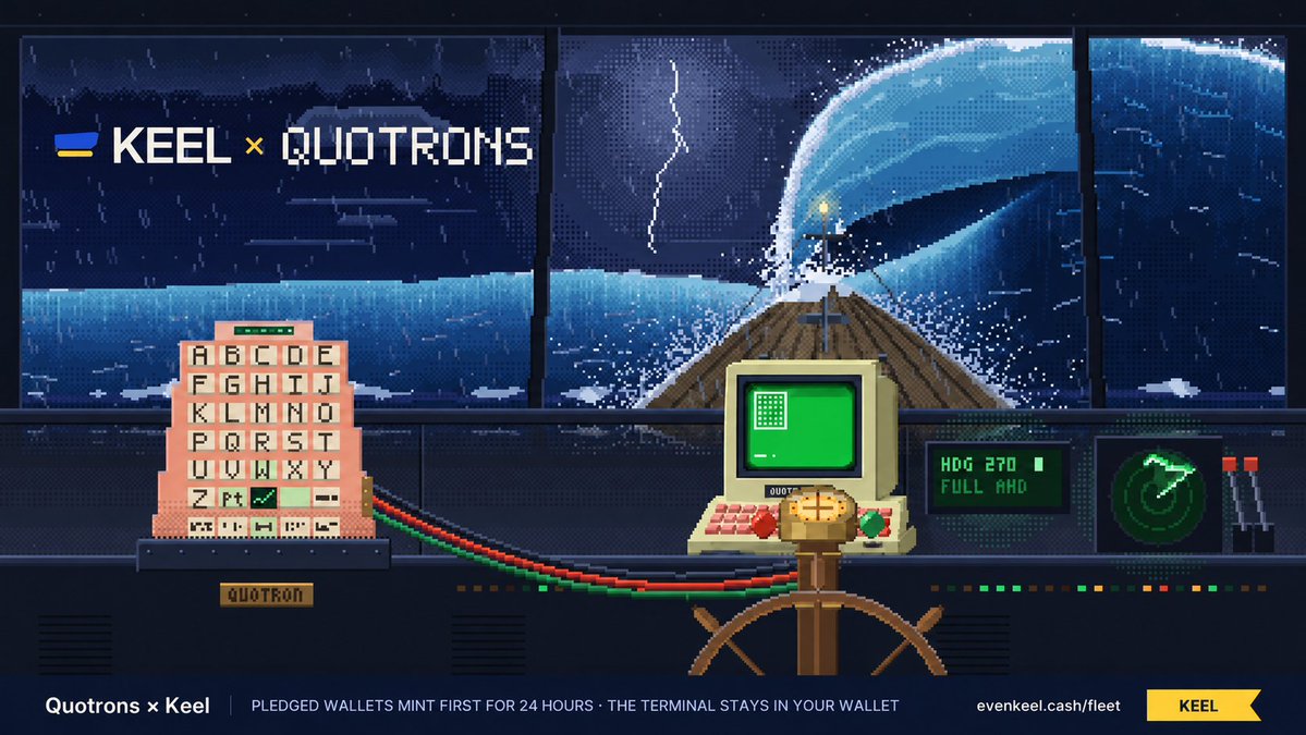 EvenKeelCash's tweet photo. $QUOTRON holders: pledge a hardwired terminal at https://t.co/3a1Qc1AZhK

The Keel ship sale opens unannounced. Pledgers mint the first 24h, +1 share a ship for life.

+0.5x on locks (0.75x at 180d+), first 8h of bonds daily, 0.44% of sells to Quotrons.

Stays in your wallet. https://t.co/8y8tf8ux9O