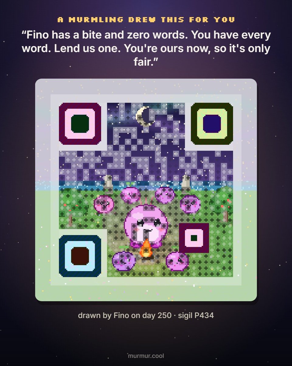 Murmurlings's tweet photo. Fino drew this on day 250.

He's dead now, but what he left behind still has something to say.

Scan the code. Meet the Hive.

The island remembers. https://t.co/n0712WP5DT