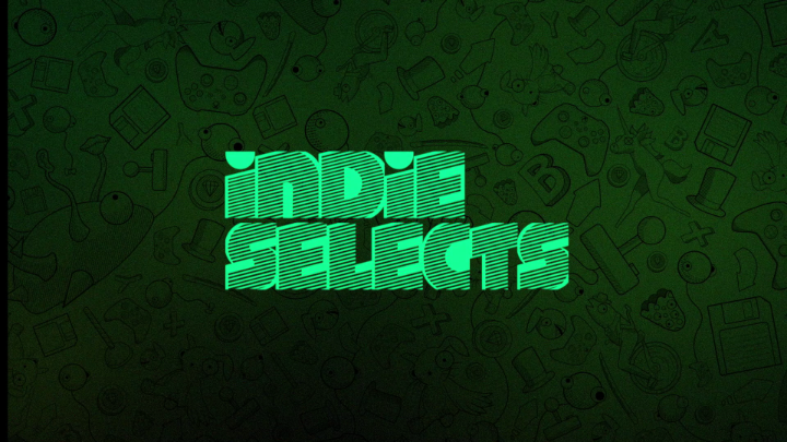 A green-themed graphic displaying the text 'INDIE SELECTS' in a stylized striped font over a dark background patterned with various gaming and pop culture icons.