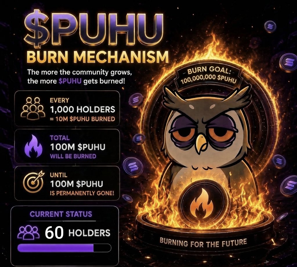 tokenizedowl's tweet photo. Once we graduate, the real burn begins. 

Every 1,000 holders → 10M $PUHU burned
Our goal: 100,000,000 $PUHU permanently gone

The bigger the community becomes,
the more $PUHU disappears from circulation

More holders
More burns
We’re not just growing the OWL 🦉

#Solana #Meme https://t.co/rBsTuwUeMY
