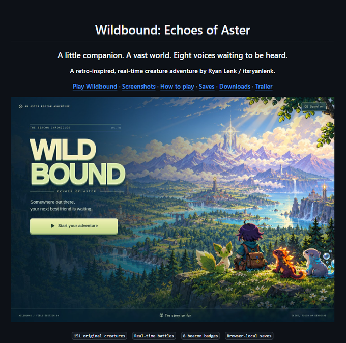 A webpage for the indie game 'Wildbound: Echoes of Aster' describing it as 'A little companion. A vast world. Eight voices waiting to be heard. A retro-inspired, real-time creature adventure by Ryan Lenk / itstryanlenk,' featuring colorful artwork of a character with creatures overlooking a fantasy landscape.