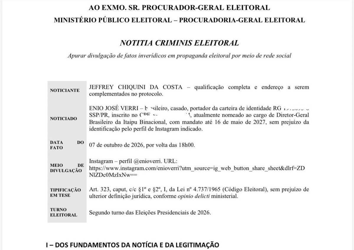 JeffreyChiquini's tweet photo. Acabei de ingressar com ação criminal contra o presidente da Itaipu, Enio Verri, perante a Procuradoria-Geral Eleitoral, pela prática de crime eleitoral, consistente na criação de fake news de que Flávio Bolsonaro irá acabar com a Farmácia Popular.

Pedi a imediata derrubada do vídeo com a notícia falsa e a consequente responsabilização criminal do petista.