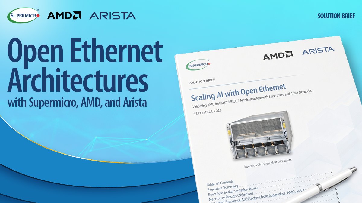 Supermicro's tweet photo. As demand for AI infrastructure expands, organizations are requiring increasingly scalable compute and networking resources, expecting low time to first token (TTFT) and consistent token throughput.

@Supermicro, @AMD, and @AristaNetworks have validated an open Ethernet architecture for scaling AMD Instinct MI350X clusters. Testing demonstrated improved All-to-All bandwidth by up to 10x in this solution!

Read the solution brief to learn more: https://t.co/kVwmkXKhSg