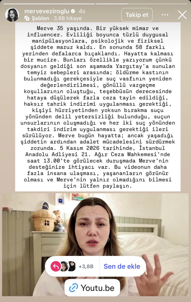 zeyno_citlembik's tweet photo. Merve Veziroğlu eşi tarafından 58 yerinden bıçaklandı, sanık tarafı 26 yıl cezaya itiraz etmiş yeniden dava görülecekmiş. 5 Kasımda duruşması var. Paylaşabilir misiniz lütfen https://t.co/9lUDpjLhUL