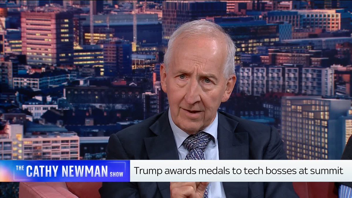 Lord Ricketts, a former UK national security adviser, appears as a guest on "The Cathy Newman Show" with an on-screen headline reading "Trump awards medals to tech bosses at summit." The image relates to his discussion about the UK falling behind on AI applications in defence, prompted by Trump's recognition of AI leaders in the US.