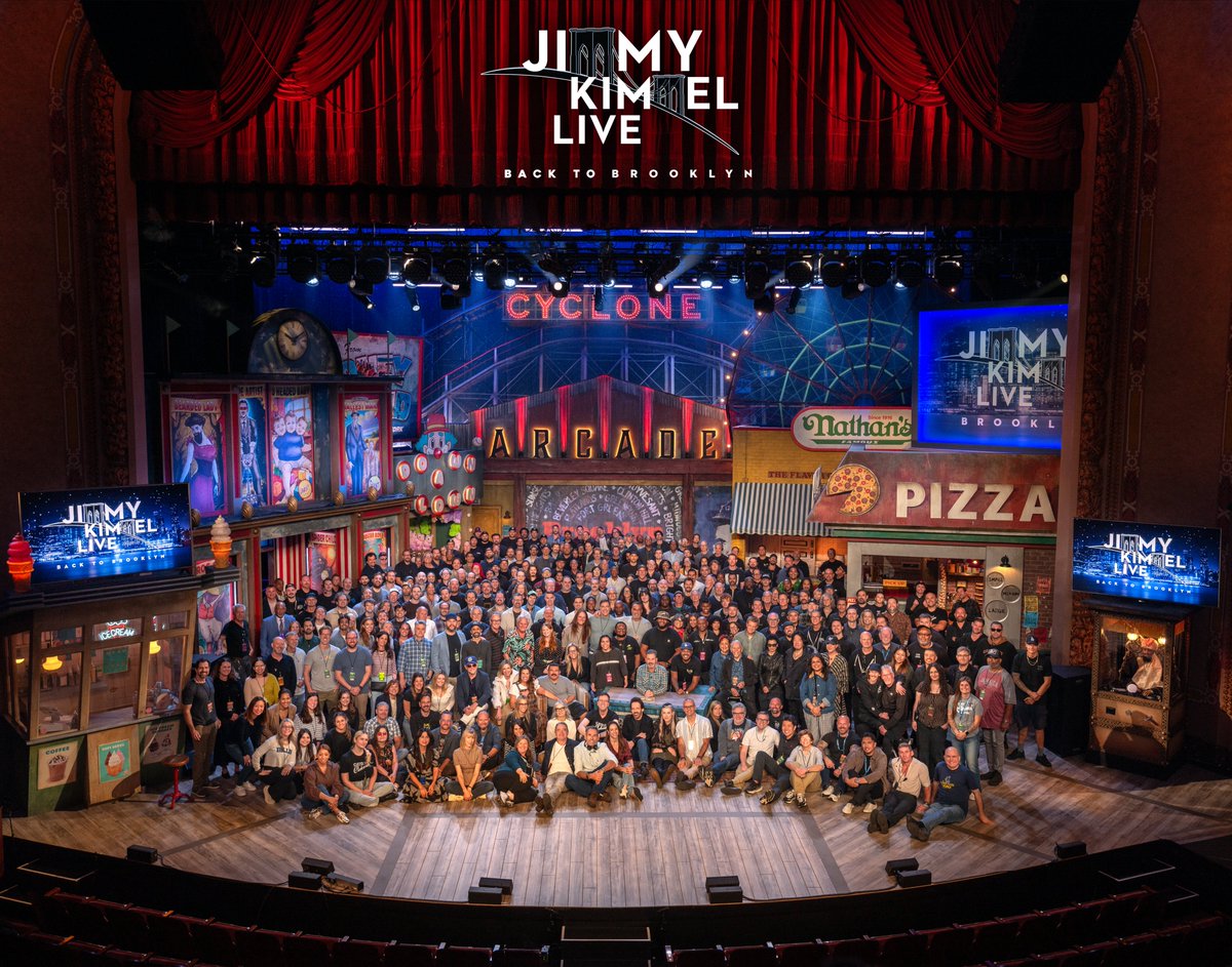IATSE's tweet photo. Jimmy Kimmel Live came to Brooklyn last week, and our kin made it happen!

The show was taped at the Brooklyn Academy of Music with crew from IATSE Locals 4, 44, 80, 600, 728, 764, and United Scenic Artists USA 829, among others, bringing their expertise to every aspect of the production. From the stage to the screen, it was a union show through and through.

A round of applause for this amazing crew! 👏
