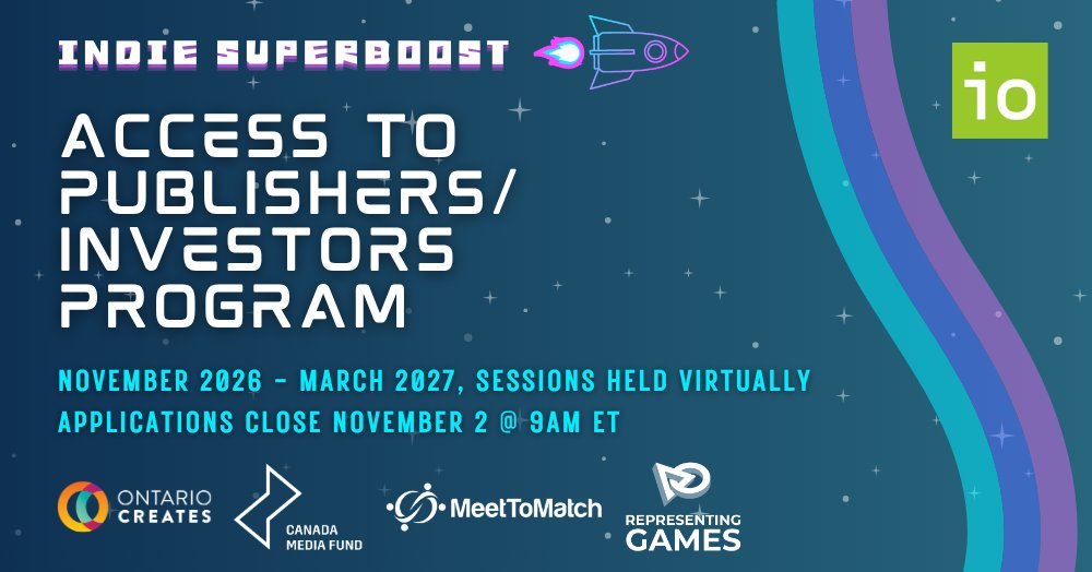IOnews's tweet photo. Applications are now open for IO's ISB Access to Publishers/Investors Program, a 4 month virtual program led by Klaas van der Stroom of @RepresentGames of @MeetToMatch

Deadline: Nov. 2, 2026 at 9:00 am ET
Spots are limited!
https://t.co/GYOPN7dflU

@CMF_FMC @OntarioCreates https://t.co/mq4a6Armb7