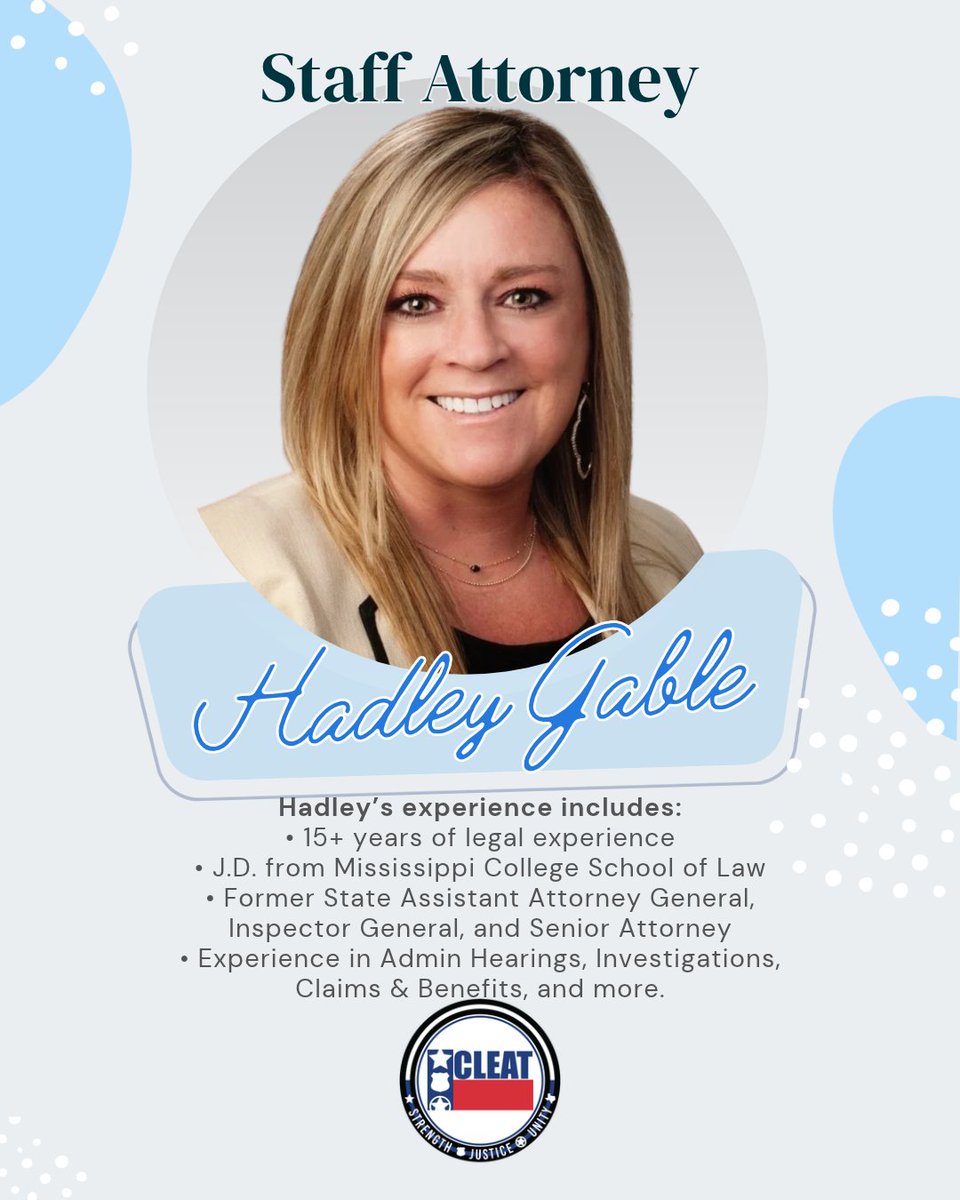 CLEAT's tweet photo. Welcome to CLEAT! 🎉 Hadley Gable has joined CLEAT Legal as a Staff Attorney in the Dallas Office.

Hadley brings a commitment to hard work, integrity, and discipline shaped by years of athletic and scholastic achievement. As an Assistant Attorney General for the State of Mississippi, she became the inaugural Director of the Children’s Justice Division and served as legal representative to the only Mississippi agency committed to the welfare of vulnerable children statewide. She and those under her leadership were the first line of defense against neglect and abuse. Furthermore, Hadley and her team also criminally prosecuted individuals who failed to pay child support.

Hadley previously served in multiple roles for the Mississippi Department of Human Services, including Inspector General, Senior Attorney, and Chief of Staff for the Deputy Executive Director. As Inspector General, she oversaw the Programmatic Quality Control, SNAP Quality Control, Administrative Hearings, Investigations, Claims and Benefit Recovery Unit, and Internal Audit divisions.

Upon completion of her Juris Doctorate degree at Mississippi College School of Law in 2011, Hadley worked in private legal practice for four years until joining MDHS in 2017.

Hadley was selected to the 2020 Class of MEC’s Leadership Mississippi. She holds a Bachelor of Arts degree in Political Science from Mississippi State University, where she was a four-year letter recipient for the Mississippi Soccer Team.

Please join us in welcoming Hadley to CLEAT!