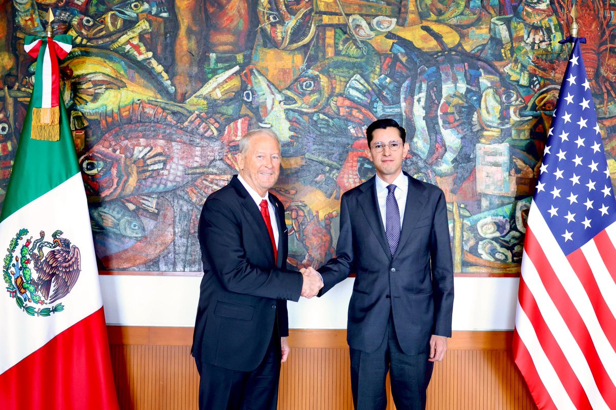 SRE_mx's tweet photo. Esta mañana, en la @SRE_mx, el secretario Roberto Velasco (@r_velascoa) se reunió con el embajador de Estados Unidos en México, Ronald Johnson (@USAmbMex), para dar seguimiento a distintos temas de la agenda bilateral.

Conversaron sobre los resultados positivos de la cooperación en materia de seguridad con base en los principios que guían la relación: respeto a la soberanía e integridad territorial, la responsabilidad compartida, la confianza mutua y la cooperación sin subordinación.

🇲🇽🇺🇸
