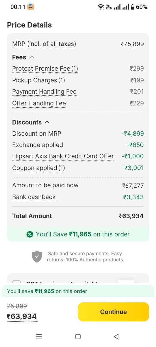 AyushRukhaiyar's tweet photo. I knew @Flipkart is gonna play with their customers, and here's the proof, the first screenshot is about the advertisement price for iphone 15 , look it clearly shows MRP 74900, now look at the second ss, MRP 75889 at 9/10/26 just the day big billion day sale start. https://t.co/cxRi2MCoec