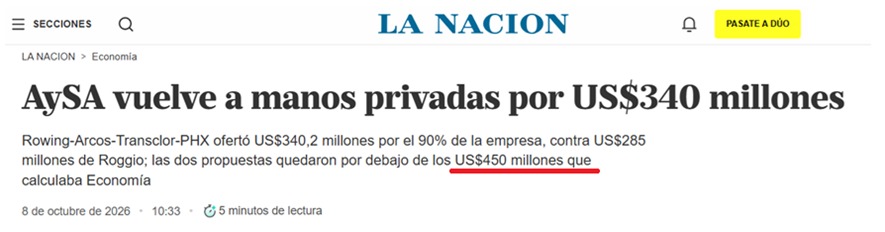 Juli_Strada's tweet photo. AYSA: aumentaron la tarifa del agua 538%, hicieron una linda caja y hoy la regalan

Actuaron de la misma forma que con Transener donde mejoraron la caja subiendo tarifas el mismo mes que la vendieron. ENARSA concretó la venta de su participación en Transener el 12 de mayo de 2026. Ese mismo mes salió la resolución del Ente Nacional Regulador del Gas y la Electricidad aprobando un aumento de tarifa eléctrica.

Con AYSA el modus operandi es parecido: aumentaron las tarifas de agua 538% desde que asumieron para hacer caja y lograr que la empresa sea superavitaria (en el primer trimestre de 2026 registró un resultado financiero positivo superior a $41.000 millones) para después regalarla.

El Gobierno la valuó entre USD 450 y 500 millones según fuentes periodísticas, pero ni siquiera podemos saber con certeza si esa cifra refleja su verdadero valor porque las tasaciones oficiales permanecen ocultas.  

Ahora, un consorcio ofrece apenas USD 340 millones por el 90% de la empresa y se la queda.

AYSA brinda servicios de agua potable y cloacas en la Ciudad de Buenos Aires y 26 partidos del conurbano bonaerense a más de 14 millones de usuarios. Están regalando una empresa estratégica y convirtiendo un derecho en un negocio.