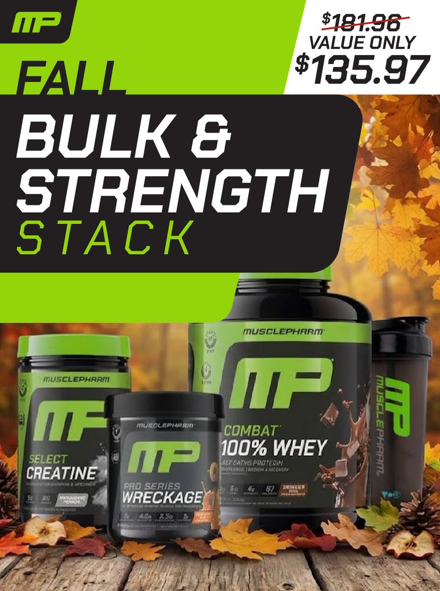 MusclePharm's tweet photo. 💪 FALL BULK &amp; STRENGTH STACK

Four MP Essentials bundled to help fuel your workouts, support muscle growth, and maximize your strength-building routine:
🥤 COMBAT 100% WHEY
💪 CREATINE
⚡ WRECKAGE
🔥 MP SHAKER

❤️ BUNDLE PRICE: $135.97
💰 SAVE $45.99

🔗 https://t.co/6CYGfhUsIS https://t.co/OxndX3CgFZ