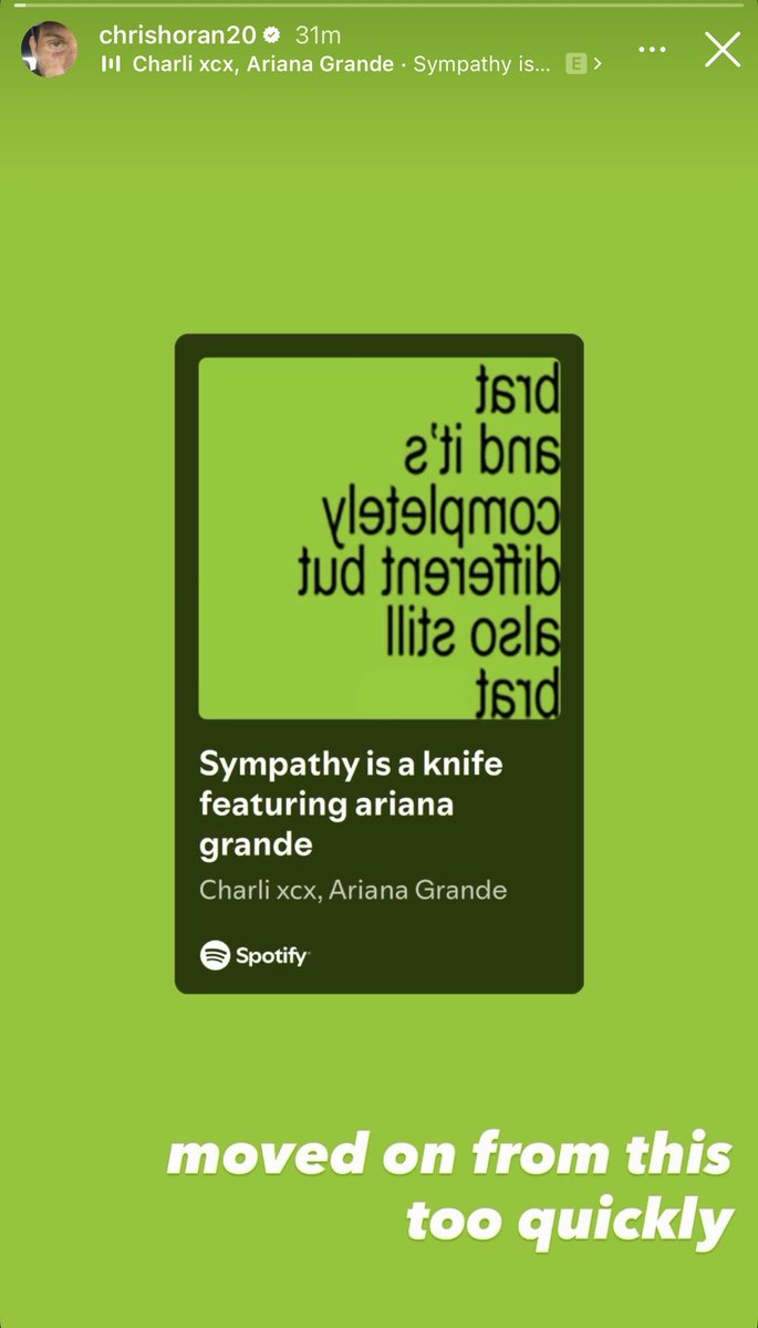 xcxsource's tweet photo. Chris Horan, Charli xcx’s stylist, recently posted the “Sympathy is a knife” remix featuring Ariana Grande to his Instagram story:

“moved on from this too quickly” https://t.co/1l9H4zR2yL