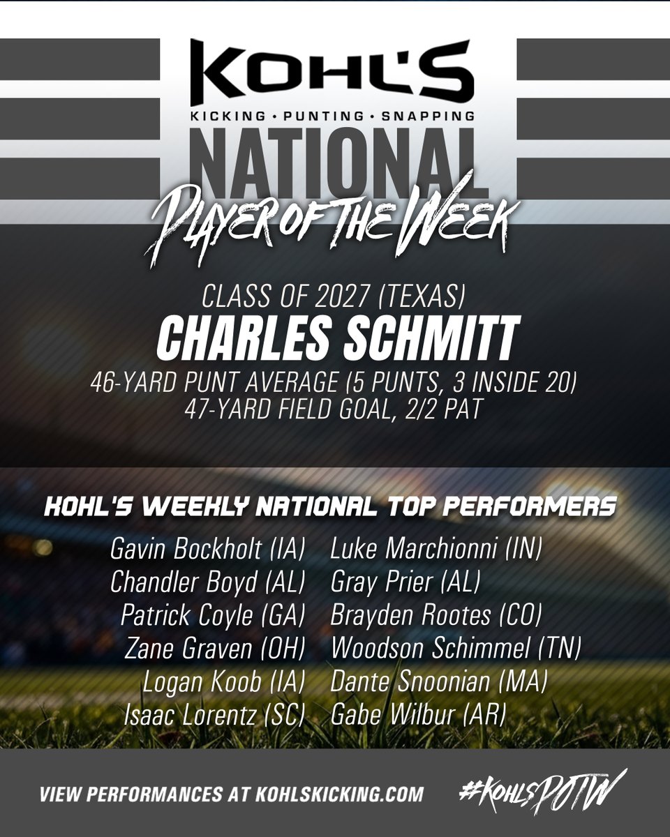 KohlsKicking's tweet photo. Week 7 // #KohlsPOTW

➤ @KohlsKicking Nat'l Player of the Week
➤ Kohl's Weekly Nat'l Top Performers

➡️ See Performances:
https://t.co/6SQBGoNQ7E https://t.co/eGasGk0sn0
