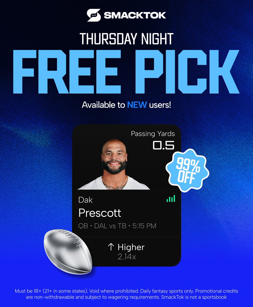 smacktok's tweet photo. A lil' free pick anyone? 🙂‍↔️🫴

DAK PRESCOTT - 0.5 PASSING YARDS

CLAIM YOURS NOW | ONLY ON SMACKTOK ⭐️ https://t.co/CQgQ5Ld2eh