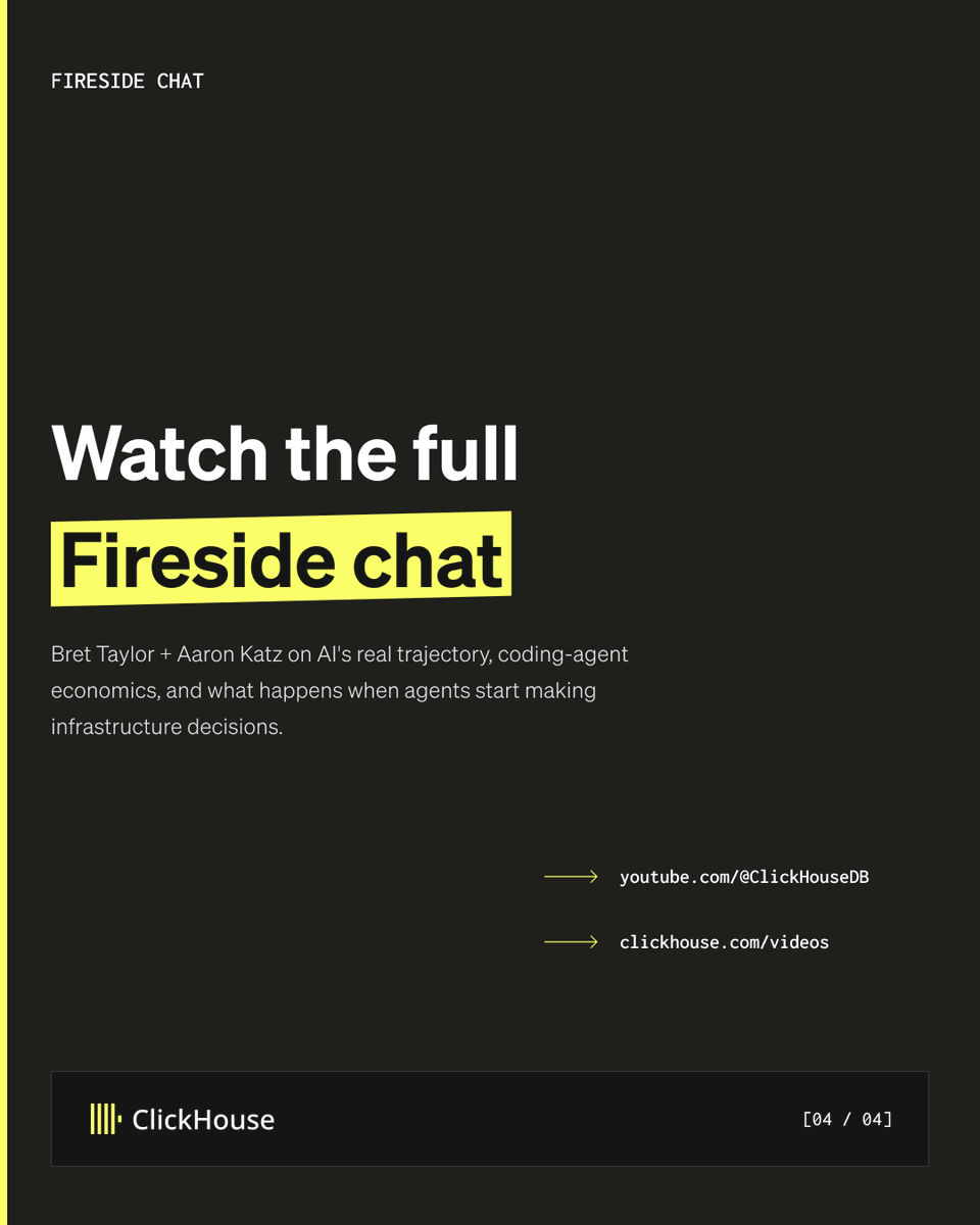 ClickHouseDB's tweet photo. Aaron Katz (@ceo_clickhouse) sat down with Bret Taylor (@btaylor) to talk about durable AI products, product experience, and how agents will reshape the software stack.

Watch the full fireside chat in the comments. ⬇️ https://t.co/SdjqzLr60J