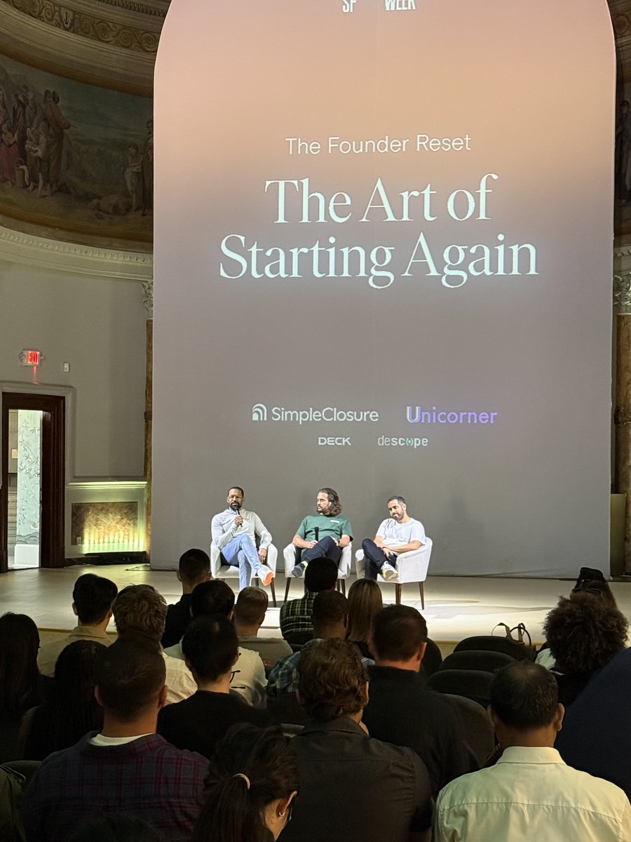 Simple_Closure's tweet photo. We're live at The Founder Reset for SF @Techweek_ ! 

Spending the day at The Melody with Unicorner, Deck, and @descopeinc  talking about lessons learned from building a second time, what company data is worth, and what it takes to build something big.

More to come from today's conversations!