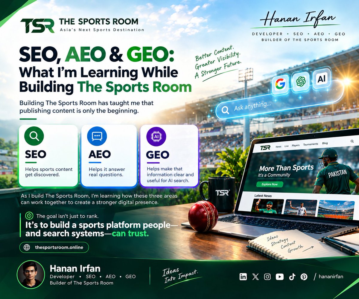 hananirfan91's tweet photo. SEO, AEO &amp; GEO — three ways I’m thinking about search while building The Sports Room.

SEO gets you discovered.
AEO helps you become the answer.
GEO helps you stay visible in AI search.
Hanan Irfan
Developer • SEO • AEO • GEO

#SEO #AEO #GEO #AI #TheSportsRoom https://t.co/zqYgi8Mn3g