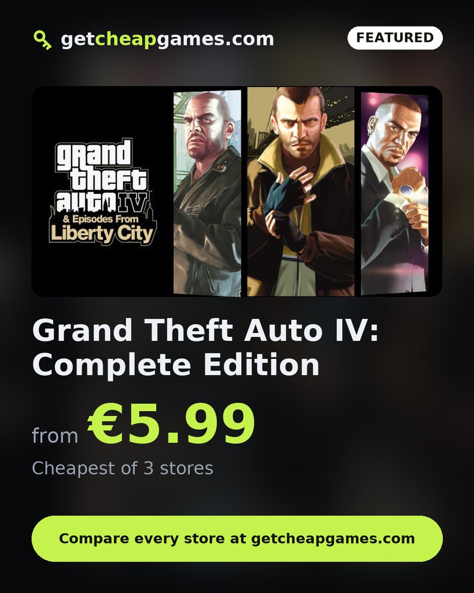 GetCheapGame5's tweet photo. Steam sale: Grand Theft Auto IV: Complete Edition is -70% on Steam — €5.99 instead of €19.99. That's the best price we found across 3 stores.

Link in bio.

#GrandTheftAuto #gamedeals https://t.co/RYkNFwpNt4