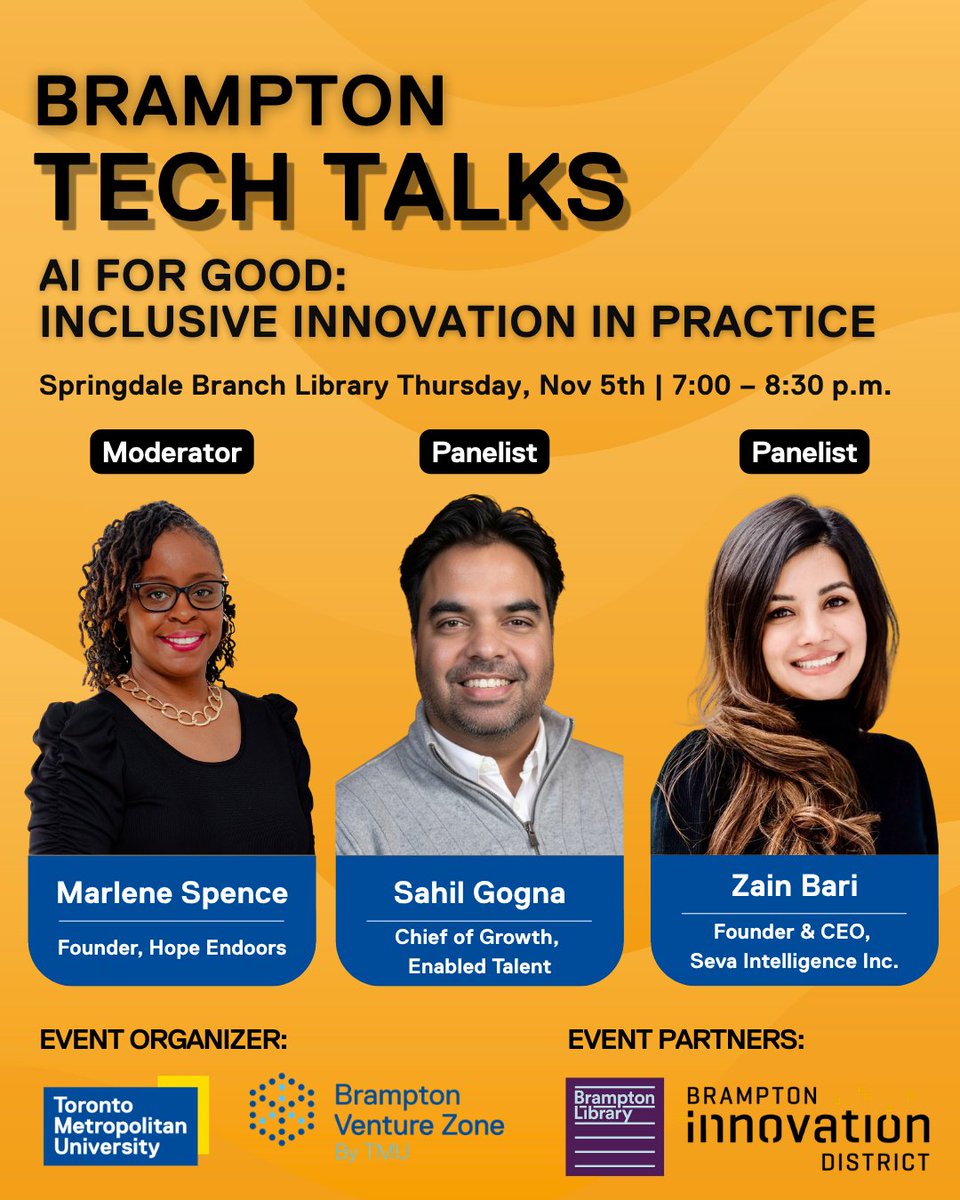 Bvzbrampton's tweet photo. AI should work for everyone. Join Marlene Spence, Zain Bari &amp; Sahil Gogna for AI for Good: Inclusive Innovation in Practice, a conversation on building tech for neurodivergent people, caregivers &amp; people with disabilities. Register here: https://t.co/Q401xA48n5

@BramptonLibrary https://t.co/aiXMh4jsMW