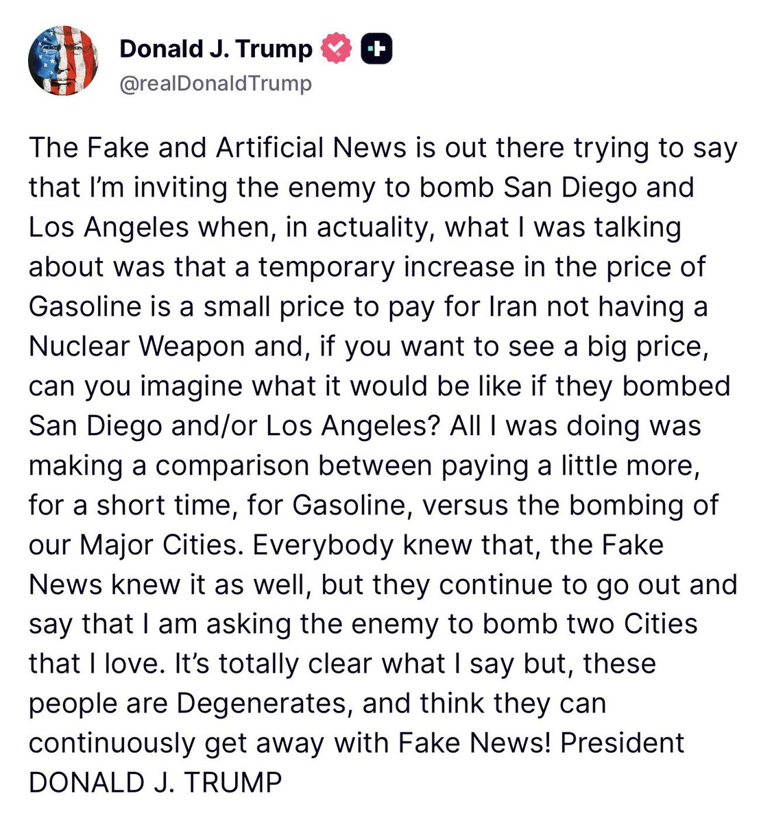 Breaking911's tweet photo. TRUMP FIRES BACK: President Trump blasts the “Fake News” for twisting his Iran comments, saying he warned about the danger of a nuclear-armed Iran—not invited attacks on American cities. His message: temporarily paying more at the pump is a small price to prevent a nuclear catastrophe.