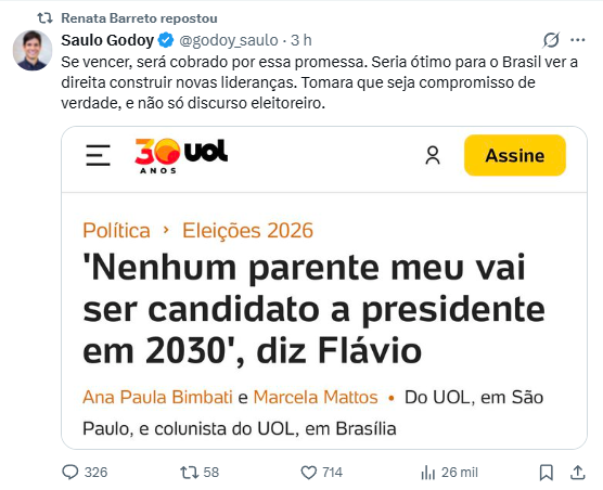 vamosdireita's tweet photo. Não fosse o Presidente Jair Bolsonaro, estaria todo mundo agora votando no Aécio ou Doria pra tentar derrotar o Lula. Mas após apenas um mandato do Presidente Jair Bolsonaro e um possível mandato do Flávio, os liberaloides já querem renovação na direita.

Votaram Fernando Henrique Cardoso em duas eleições, José Serra duas vezes (2002 e 2010), Geral Alckmin uma vez (2006) e Aécio uma vez (2014), agora querem renovação em uma direita que seria tucana até hoje se não fosse a família Bolsonaro.

Eu espero que o Flávio não cumpra essa promessa e se optar por cumprir, que o Eduardo não respeite isso. Caso contrário, eu posso garantir veementemente que a esquerda voltaria como favorita a vencer as eleições.

O mesmo fenômeno que acontece com Lula, onde eleitores que não são petistas ou sequer de esquerda e votam no Lula pela personalidade do petista, acontece com o Presidente Jair Bolsonaro, que tem na base eleitoral pessoas que não votam na direita, em liberais — que quando lançam candidatos não passam de 2% de votos, votam em Jair Bolsonaro, o mito. Mas esse pessoal ignora isso, porque não sabem o que é povo, acreditam que suas empregadas que precisam agradar o patrão, falam em nome do povo.

Uma história pessoal, para ilustrar a leitura acima, é a históra da minha própria mãe. Mãezinha tinha a tradição de levar os três filhos a praia em dias de eleições — sempre torceu pelo segundo turno para ter dois domingos de praia. E era sagrado mesmo. Quem quebrou essa tradição, foi o Presidente Jair Bolsonaro. Ela regularizou o título de eleitor em 2016 para votar no Flávio Bolsonaro para prefeito e depois disso votou em todas as elições em Bolsonaros. Esse ano, durante a indecisão sobre o nome para a disputa presidencial, a "veinha" já tinha decido que não sairia de casa para votar — acompanhando minha mãe estavam minha irmã e tia, que garantiram a mesma coisa.

Além de birra de eleitores que não sairão de casa para votar por raiva da decisão, ainda teremos o eleitor que é eleitor APENAS da família Bolsonaro. Não desconsiderem esse número, é bem maior do que vocês imaginam.