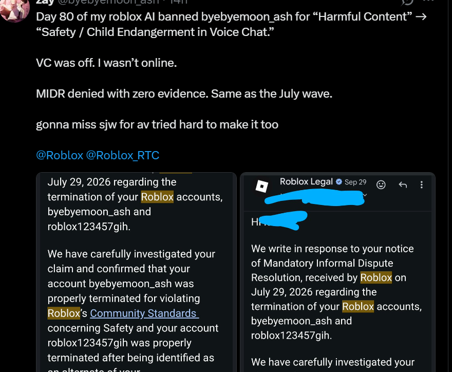 iz4na11's tweet photo. @Roblox  @Roblox_RTC i must say as a friend of a friend ive played with @byebyemoon_ash for months and everytime he plays roblox he never used vc and if he did he was always mute but the day he was terminated by your ai it made me sad he got denied and hes sad he added evidence https://t.co/LfrSwrVjUi