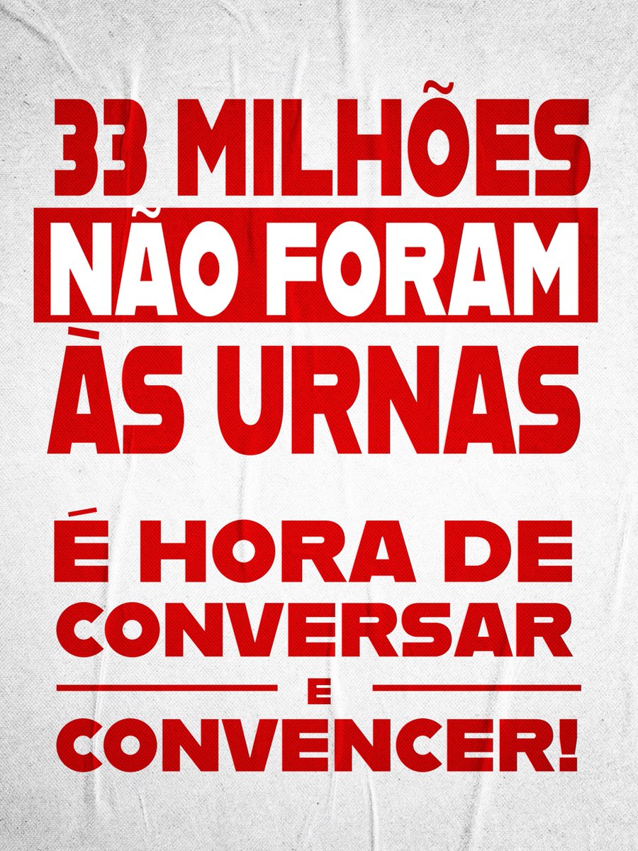acabrafala's tweet photo. A abstenção bateu recorde desde 1998. 

Ainda dá tempo de conversar com quem não votou e trazer todo mundo para o time do Lula, em defesa dos direitos trabalhistas, da saúde e da educação. Cada voto importa!

#LulaPresidente #EleNãoEoFilhoTambémNão #Eleições2026 https://t.co/WZD65SFlAh