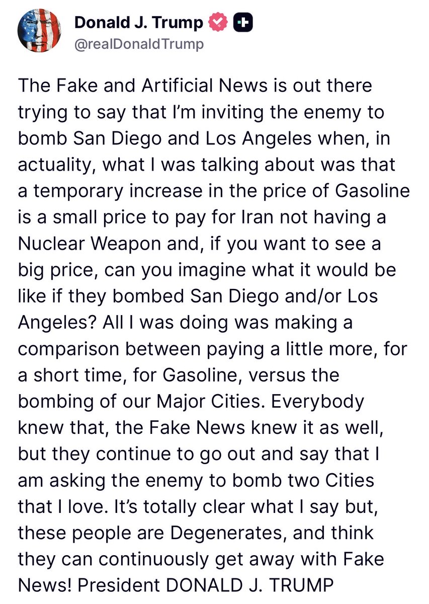 remarks's tweet photo. JUST IN: 🇺🇸 President Trump says he did not call on Iran to bomb Los Angeles and San Diego. https://t.co/ErbQP93uvS