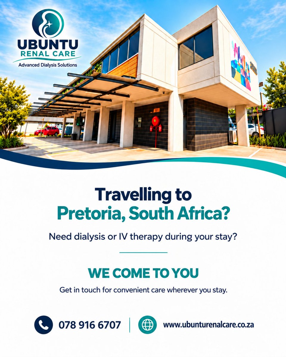 zonkezakhe_M's tweet photo. Travelling to Pretoria? Keep your care part of your plans.
@UbuntuRenalCare offers convenient dialysis & IV therapy during your stay. We come to you.
Contact us before you travel to arrange your care. 📞 078 916 6707 https://t.co/fTOfJInOWi
#TravelDialysis #Dialysis #IVTherapy https://t.co/tEpi6PRljC