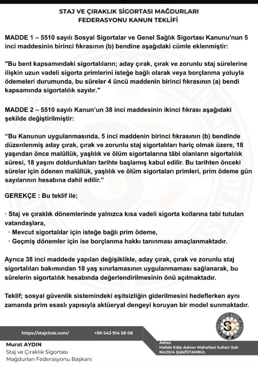 ANKSTAJCIRAK's tweet photo. STAJYERİN, ÇIRAĞIN HAKKI NE OLACAK?

@RTErdogan
@NumanKurtulmus
@mehmetucum
@oktay_saral
@ejderacikkapi
@MahinurOzdemir
@profdrorhanates 
@MvDrHasanArslan 
@aerdemcantimur
@Korkutata_Zeki 
@isikhanvedat 
@vedatbilgn
@akbasogluemin
@NazimMavis
@leylasahinusta
@resulkurt34
@vedatbilgn
@zorlu77
@abuyukgumus
@memetsimsek
@FeyziBerdibek1
@ozmehmetemin
@ZehraNurAydemr
@RSKatircioglu
@cemil_yaman
@makif_yilmaz
@ProfDrHulagu
@VeyselTipioglu
@AvOzlemZengin
@ozturkercn
@kemalkarahanmv
@latifselvi42
@IbrahimUKaynak
@rukiye_toy
@yilmazbuyukaydn
@tcbestepe
@iletisim
@Akparti
@HMBakanligi
@csgbakanligi
@AKParti_GMYerel
@AKPartiTBMMGrup
@AKGMTeskilat
@MHP_Bilgi
@DSPGenelMerkez
@bbpgenelmerkez
@csgbakanligi

Yıllardır emeğimiz, alın terimiz ve genç yaşta çalışma hayatına attığımız ilk adım görmezden geliniyor.

SGK tescilimiz var, sigorta numaramız var, işverenimiz belli, çalıştığımız dönem belli… Ancak emekliliğe esas sigorta başlangıcımız sayılmıyor.

Biz ayrıcalık istemiyoruz.
Biz hakkımızı istiyoruz.

Mesleki eğitime katkı sağlayan, üretimin içinde yer alan stajyer ve çıraklar yıllardır aynı soruyu soruyor:
“Bizi kim duyacak, hakkımızı kim savunacak?”

Kimsesizlerin kimsesi olması gereken devletimizden ve milletimizin temsilcileri olan TBMM’den beklentimiz nettir:
Staj ve çıraklık süreleri emekliliğe esas sigorta başlangıcı sayılsın.

✨İlk işe giriş tarihimiz kabul edilsin.
✨Tam sigorta hakkımız verilsin.

Artık sesimizi duyan, yaşadığımız mağduriyeti gören ve çözüm için irade ortaya koyan bir yasa istiyoruz.

Stajyerin, çırağın kimsesi yok sanılmasın.

Biz buradayız, hakkımızın peşindeyiz ve adalet istiyoruz.

KANUN TEKLİFİ BEKLİYORUZ…

Kimsesizlerin Kimi Mi
#StajyerinçırağınKimsesiYok
